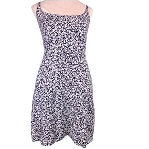 Old Navy Blue Floral Cami Mini  Dress Women's M Linen Blend Smocked Back Pockets